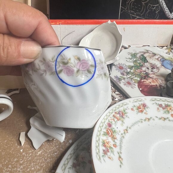 Broken China Floral Earrings W/ 925 Hooks & Silver Blend Bezel With Rose Quartz - Picture 4 of 14